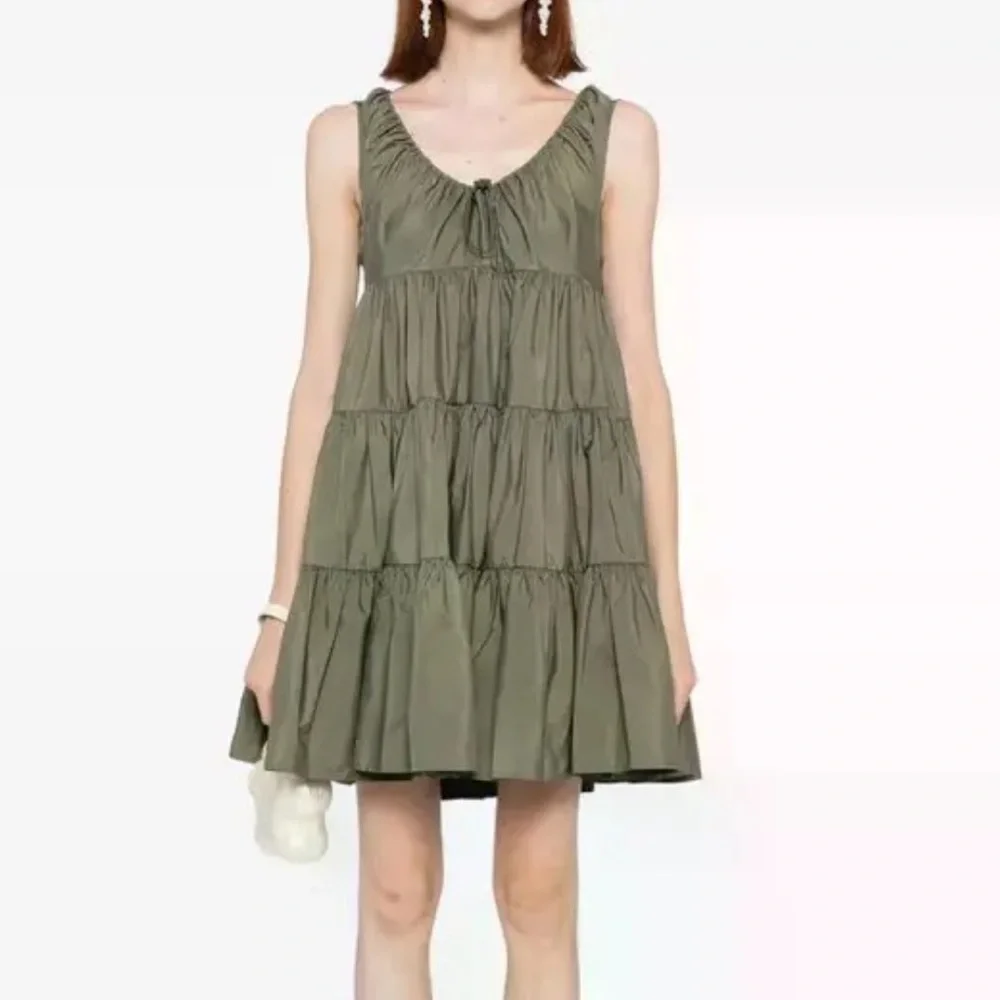 New Cecilie Bahnsen Aino Tiered Recycled Faille Minidress in Olive Green Size 4